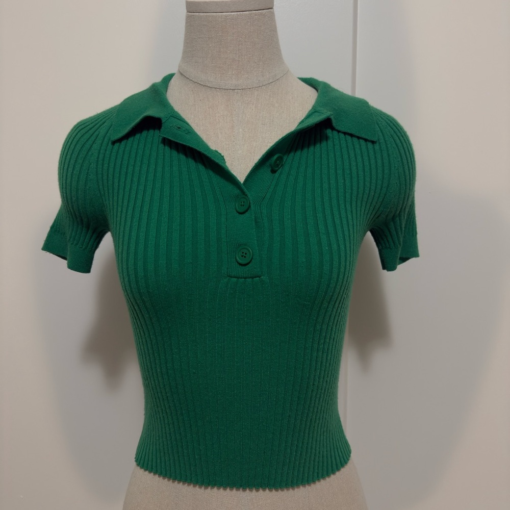 Aerie Emerald Ribbed Crop Polo Top